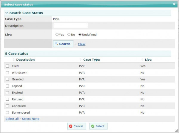 Search for case status Screenshot of the Search Case Status window